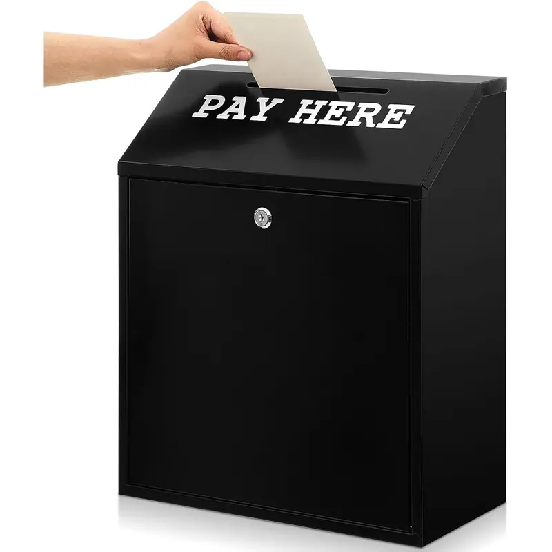 Cash Box Money Collection Metal Donation Box with Lock for Home Office Outdoor Use Wall Mount Pre Drilled Mailbox Delivery Ballot Black 18.1 x 14.9 x 7.1 Inch