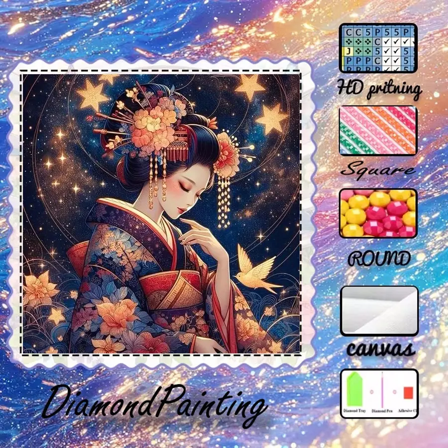 5D-DIY, velvet canvas, diamond art, diamond painting kit, Handicraft, kimono, starry sky, flowers and birds, Galaxy, AB diamonds, crystal diamonds, perfect home decoration