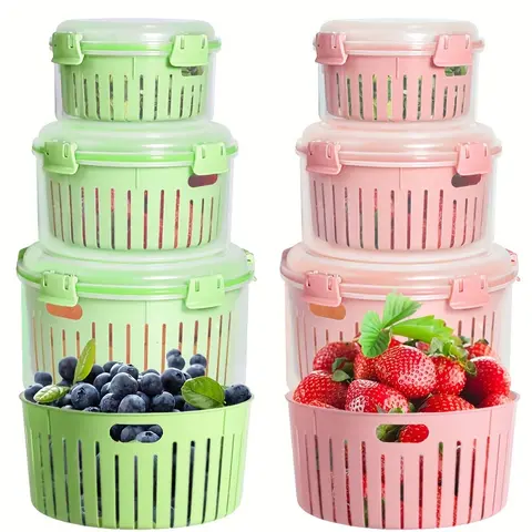 3PCS Stackable Plastic Fridge Organizer Boxes - Double Layer Better Drainage Leak Proof Containers for Efficient Anti-Leak Food Storage, Fruit & Veg Sorted Storage, Ideal Household Kitchenware Gift for Adults
