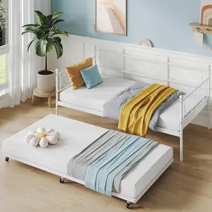 Gaomon Modern White Metal Twin Daybed with Pull-Out Trundle - Steel Slat Support, Multifunctional 2-Beds Sofa Bed Frame for Bedroom, Two Beds
