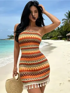 Boho Strapless Tassel Knit Mini Dress for Women – Vacation Beach Bodycon Dress
