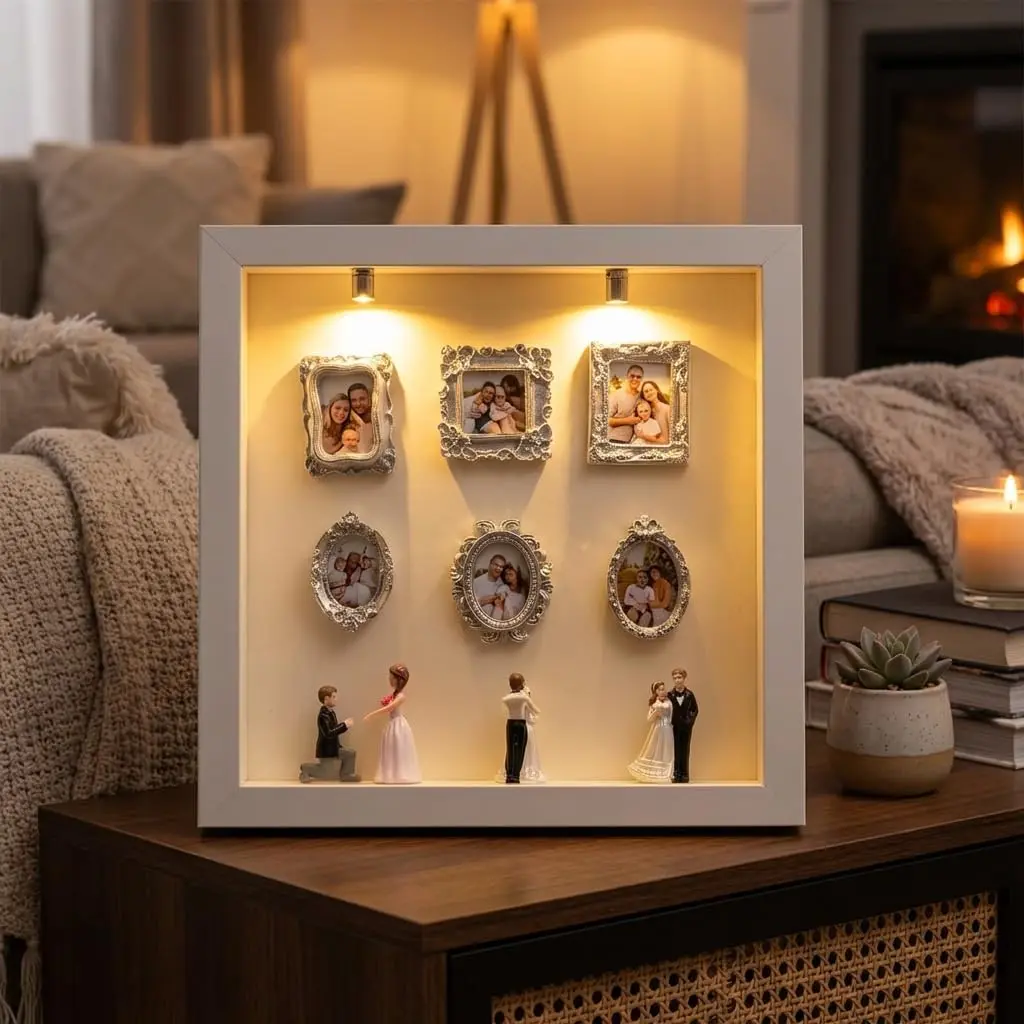 DIY Mini-Museum Silhouette Box – Capturing Memories Miniature, Mother's Day Custom Shadow Box Frame with Mini Figurines & Gold Frames, Simple Assembly for Anniversary, Wedding & Home Decor NEW