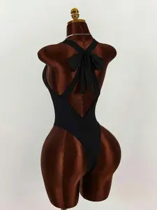 Women's Monochrome One Piece Swimsuit - Deep V-Neck Backless, Bowknot Design, Valentine's Day