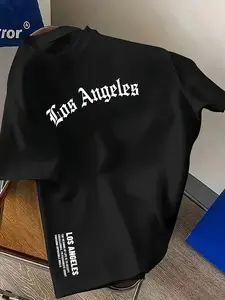 Dark Style Los Angeles Letter Print T-Shirt, Simple Versatile Men's Summer Casual Top, Fitted Crop Tee Without Collar or Buttons