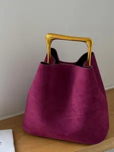 Elegant Women's Faux Suede Bucket Bag, Rose Luxury Metal Handle Handbag, Casual Shoulder Crossbody Bag for Work Leisure Valentine's Gift, Fashionable Crossbody Bag