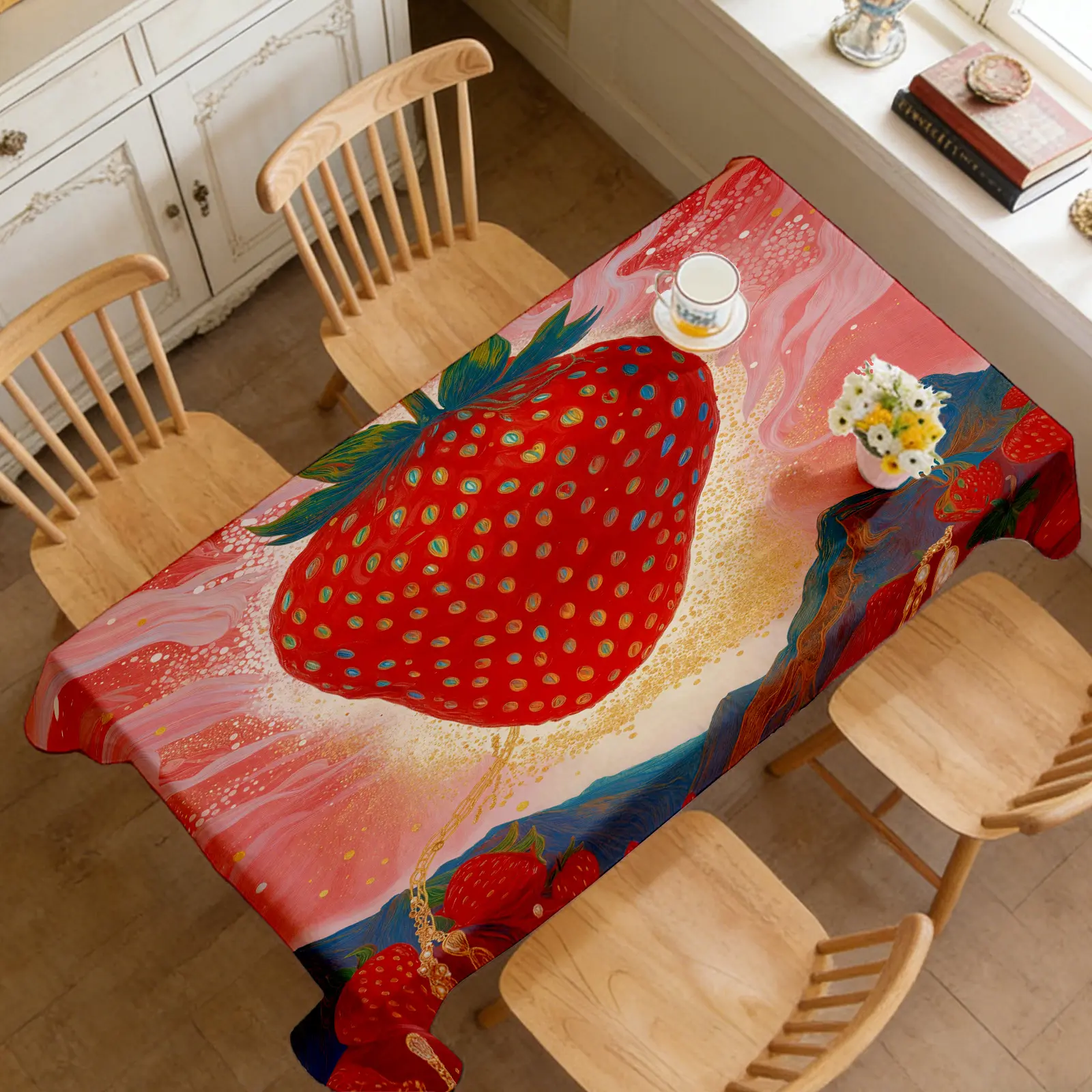 1pc, washable rectangular tablecloth, kitchen tablecloth with fruit pattern, digital printed kitchen tablecloth, bright and lively strawberry print, fresh and cute. Suitable for kitchen, dining room, party, festival, camping picnic.