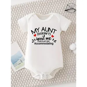 MY AUNT DOESN'T SPOIL ME SHE IS JUST VERY ACCOMMODATING print Casual Comfortable Short Sleeve Baby Romper Funny Newborn Boys Clothes 100% Cotton Triangle Jumpsuit, for Outdoor