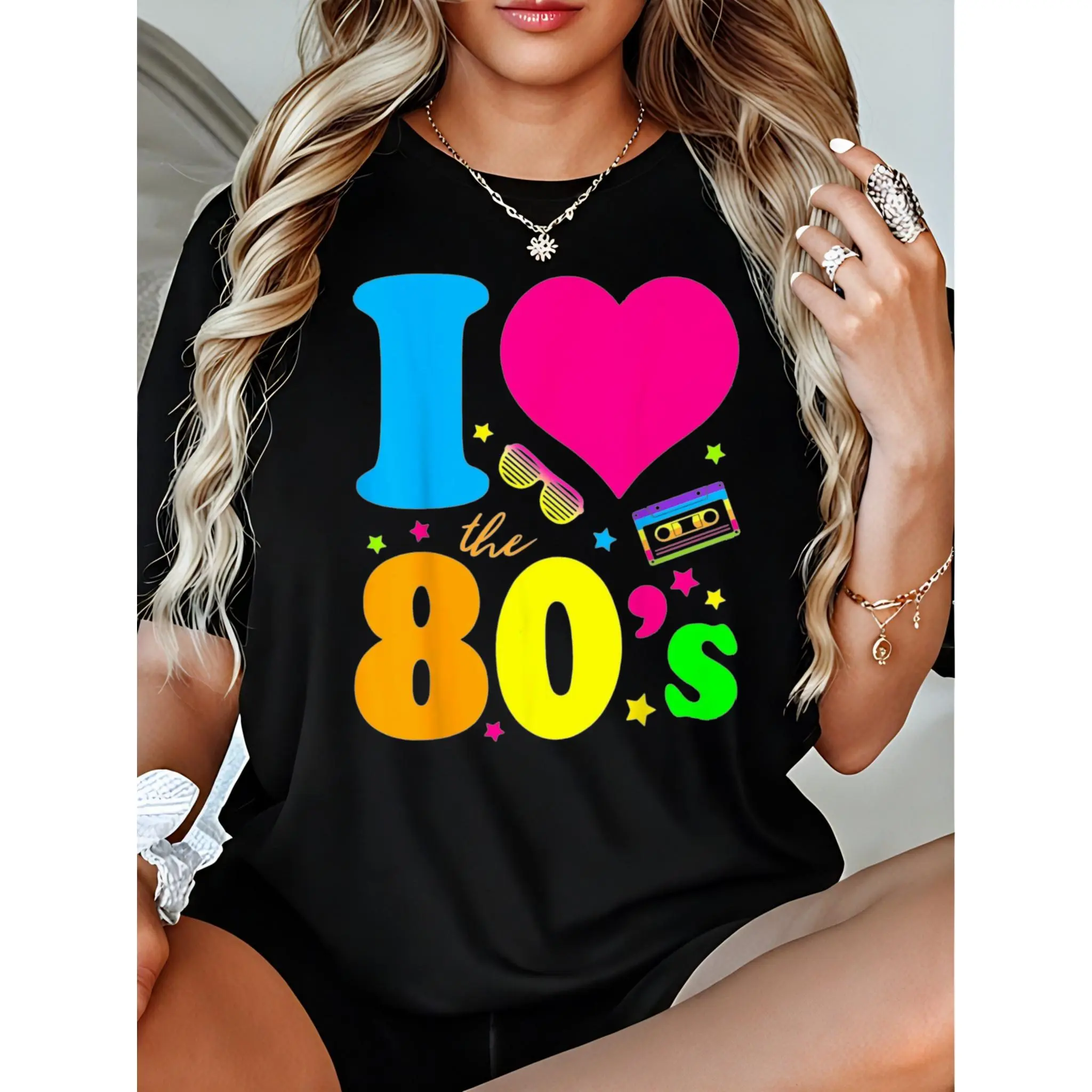 Casual T-Shirt for Women, Retro Cartoon Style "I Love The 80s" Graphic Print, Short Sleeve 100% Cotton Crew Neck Party Top, Shortsleeve, Tshirt, Fitted, Round Neck, Thanksgiving, Easter, Valentines Day, Digital Print, 80S Cartoon