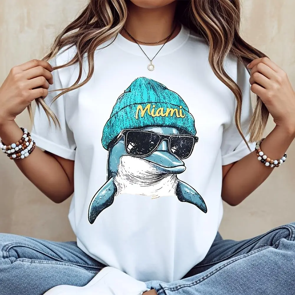 Cool Dolphin Wearing Miami Beanie And Sunglasses Graphic, T-Shirt, Summer Beach Vacation Souvenir Gift, Casual Daily Wear Holiday Travel
