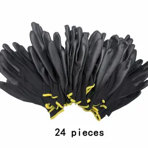 24pcs/12 pairs of black nylon gloves, palm anti slip PU coating - lightweight and durable, lead-free, suitable for lawn care and outdoor use, strong protection, reusable