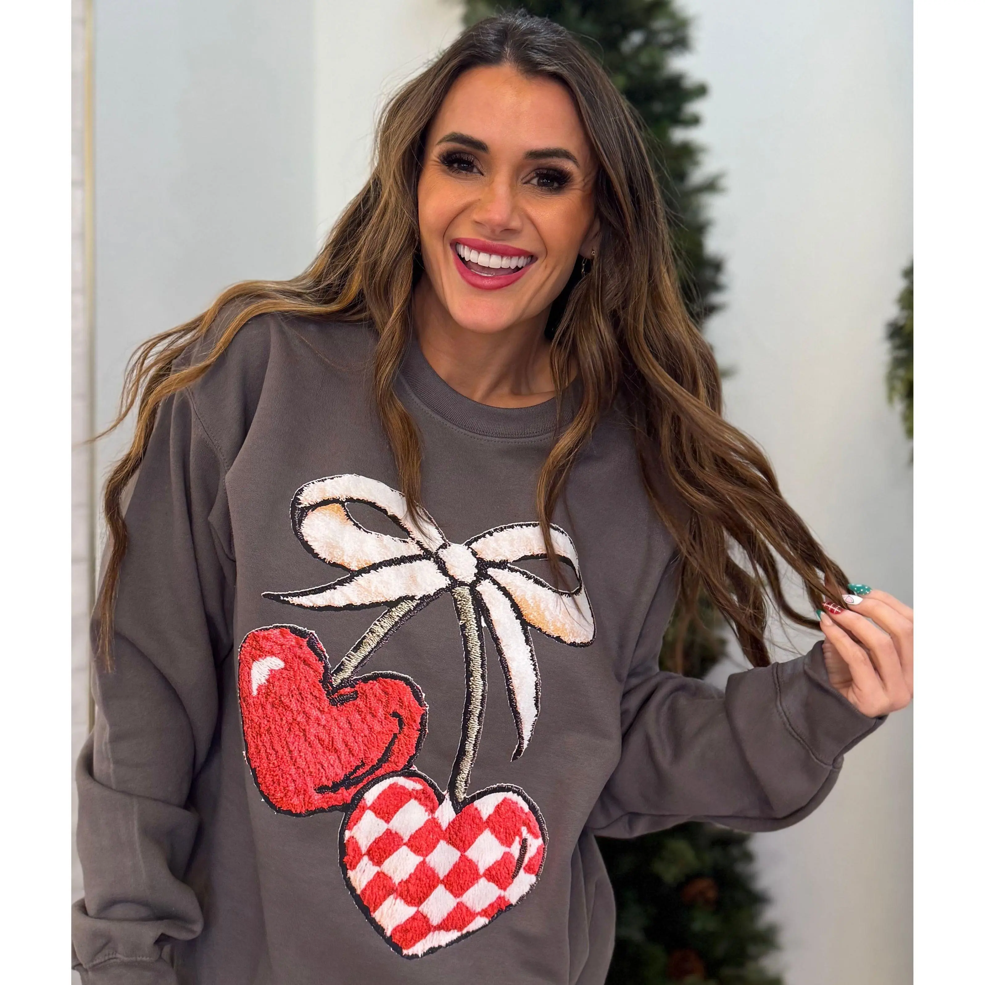 Vday Faux Fuzzy Cherry DTF Print ( not patch), Latch Hook Cherry, Retro Valentine's, Trendy Valentine, Fun Valentines Sweatshirt
