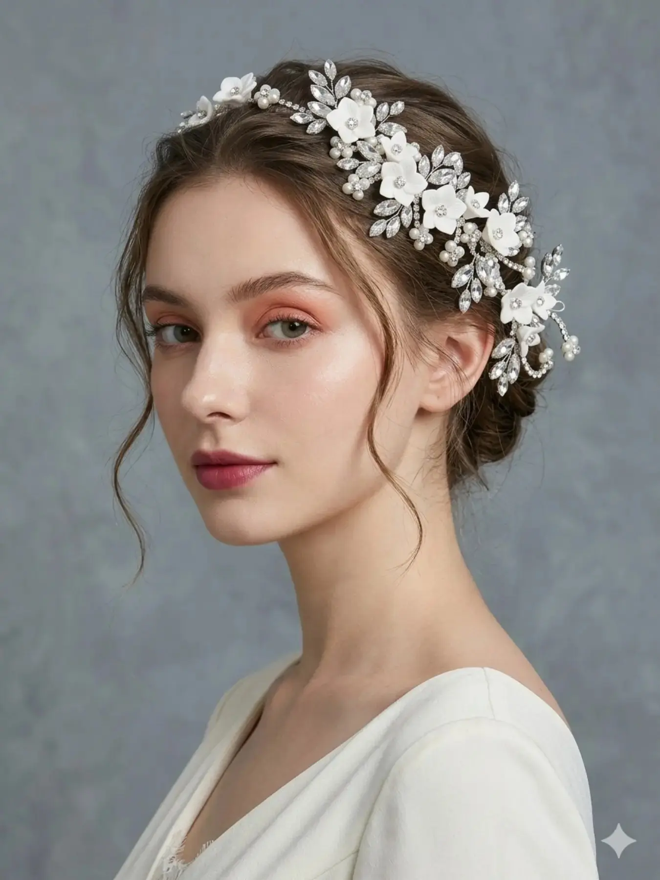 Sparkling Rhinestone Flower Hairband, Handmade Bride Headpiece, Adjustable Artificial Pearl Hair Accessory, Boho Chic Photography Prop, Jasmine Princess Crown