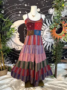 Patchwork Flowy Cotton Dress, Handmade Long Maxi Dress, Cottage Core Whimsical Earthtone Outfits, Hippie Fashion,Boho Gypsy Sleeveless Dress