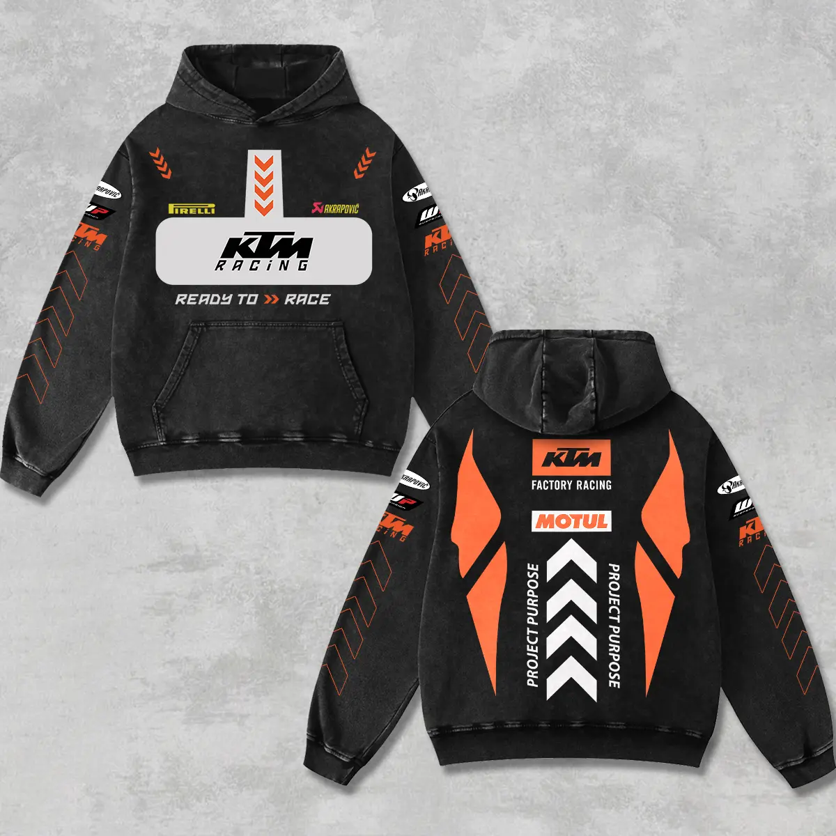 Retro Akrapovic x KTM Factory Racing Hoodie Acid Washed, Motor World Championship Enthusiast, Motorcycle Off-Road Dirt Bike Graphic Streetwear, Heavyweight Biker Sweatshirt, Retro Moto Gear Motorbike Apparel Men’s Grunge Y2K Racing Jacket Style