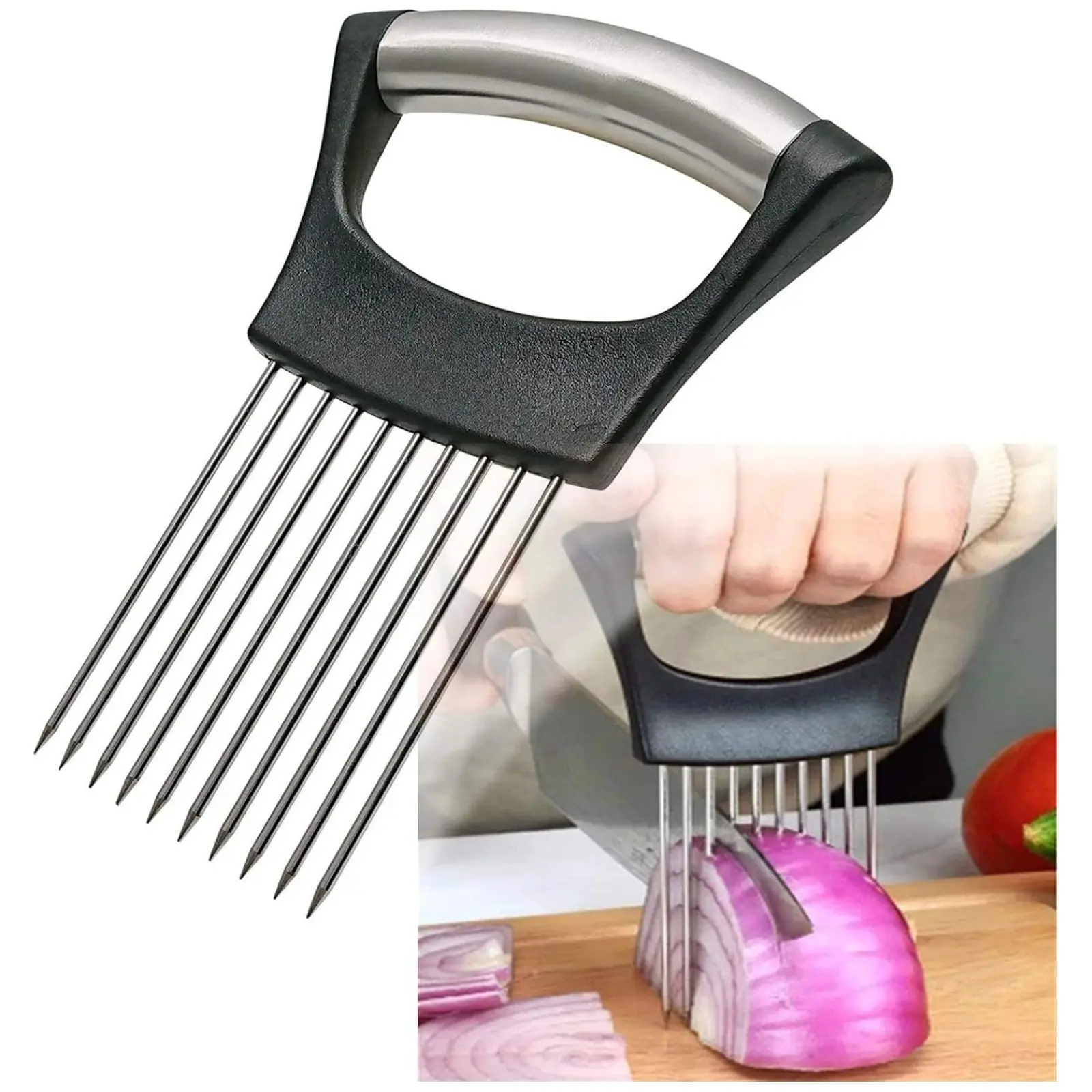 Handy Stainless Steel Onion Holder for Slicing,Onion Slicer Holder,Kitchen Gadget | Onion Slicer Holder, Onion Cutter for Slicing of Onions, Tomatoes, Avocados, Eggs and Other Vegetables, Kitchen Utensils
