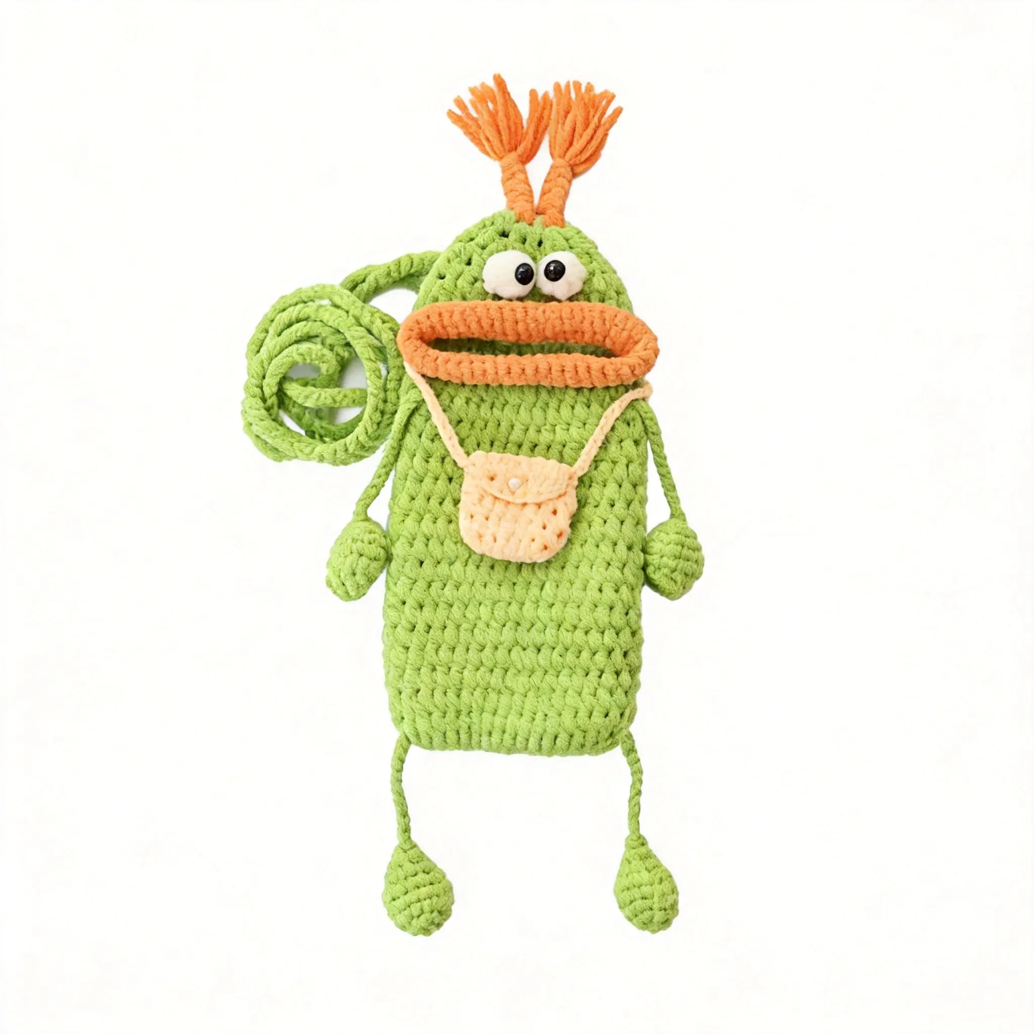Women's Cute Crochet Green Monster Crossbody Shoulder Purse - Handmade Knitted Soft Yarn Cell Phone Pouch, Adjustable Strap, Mini Fashionable Unique Bag for iPhone 15/14/13 Pro Max, Samsung Galaxy, DIY Specialty Gift for Teens, Crossbody Shoulder Purses,,