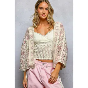 POL Clothing 3/4 Sleeves Classic Granny Square Open Front Cardigan