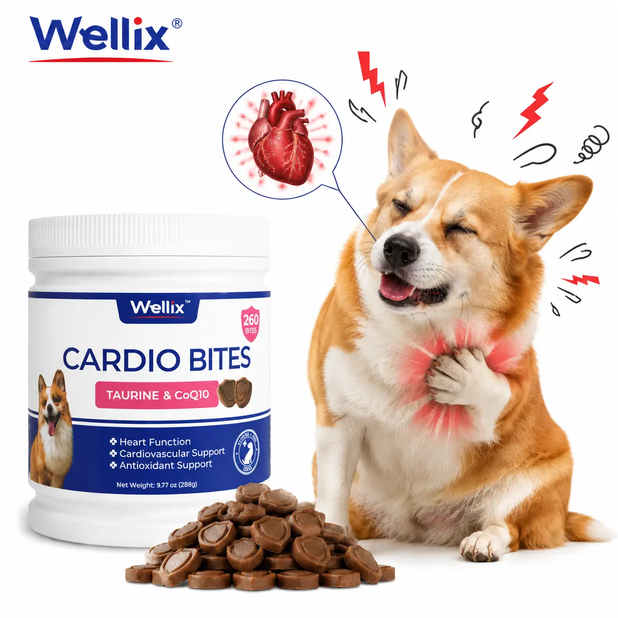Wellix 260-Count Dog Cardio Bites with CoQ10 Promotes Heart Health Vitality Provides Antioxidant Energy Boost Chicken Flavor