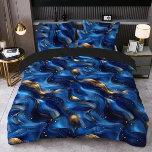 Bedding set in a gilded blue tone featuring an abstract fluid art duvet cover (King/Queen size includes 2 pillowcases; Twin size includes 1 pillowcase).