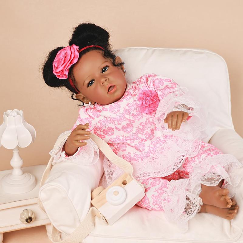 Reborn Baby Dolls Black Girl, African American 20 Inch Realistic Newborn Baby Dolls with Lifelike Soft Body Silicone Limbs Birthday Gift Set for Ages 3+
