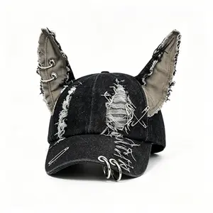 2026 latest model distressed black baseball cap with 3D ears, hip-hop style for trendy girls