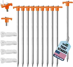 10PCS Galvanized Camping Tent Stakes – Heavy Duty Rust-Resistant Tent Pegs with 4 Ropes & Orange Stoppers