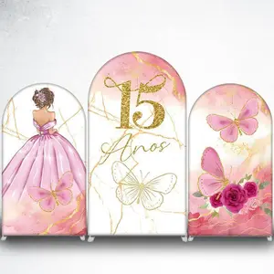 15-day 2D Flat Delivery Pink Gold Butterflies and Roses Arch Backdrop Cover for Bridal Shower Decor