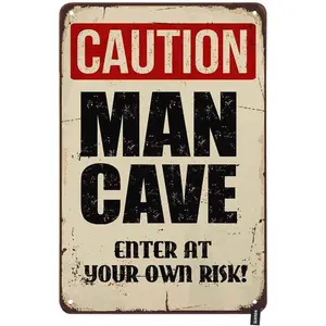 Caution Man Cave Tin Sign Retro Style With Letter Enter At Your Own Risk Vintage Metal Tin Signs 8X12 Inch