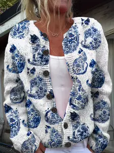 Women's Fashion Elegant Trendy 2D Printed Porcelain Cat Full Print Knit Cardigan, Slim-Fitting All Seasons Sweater