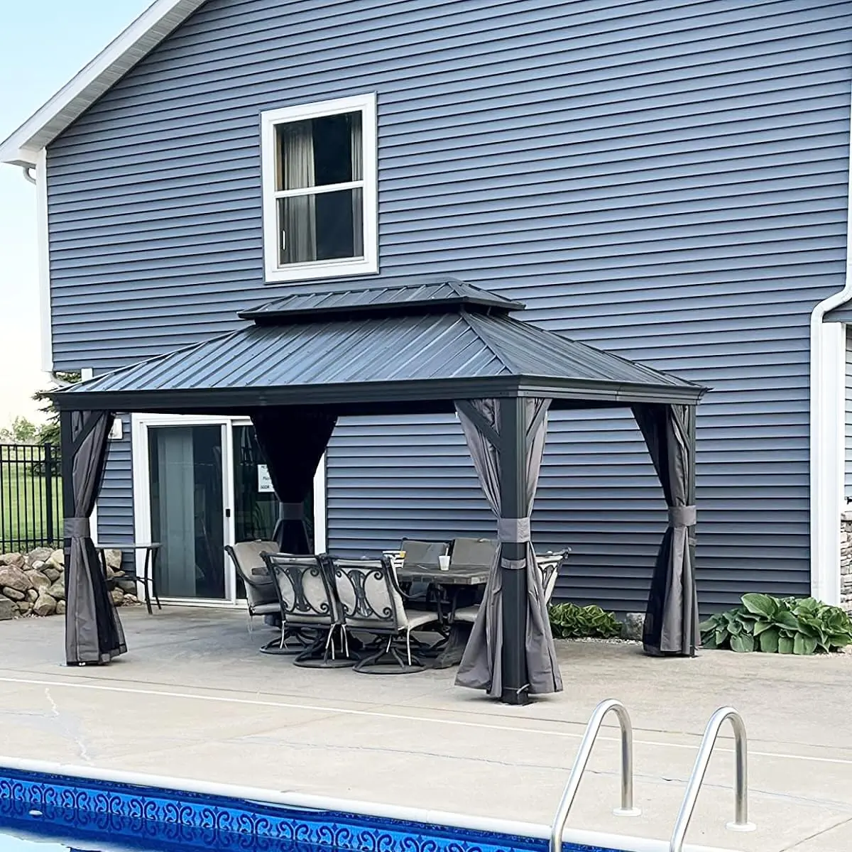 Domi Outdoor Living 12’ X 14’ Hardtop Gazebo, Outdoor Aluminum Frame Canopy with Galvanized Steel Double Roof, Outdoor Permanent Metal Pavilion with Curtains and Netting for Patio, Backyard and Lawn