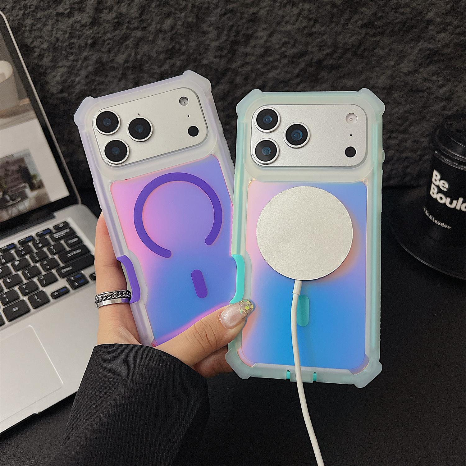 Case for iPhone 17 16 15 14 13 Pro Max Iridescent Laser Armor Case [Compatible with MagSafe]  Wireless Charging Dual Layer Protection Cover