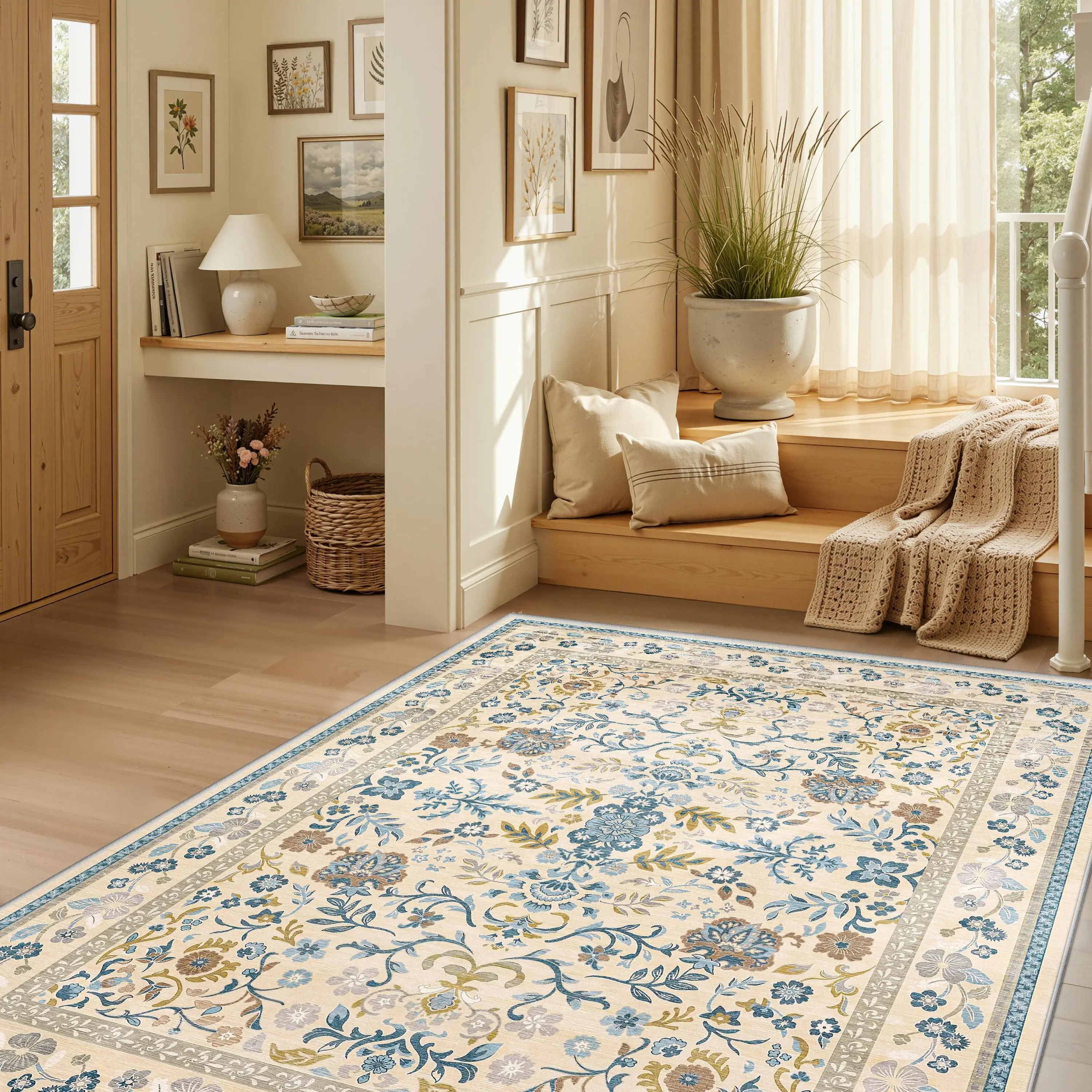ComiComi 8x10 Flower Area Rugs for Living Room Cloud Like Soft Washable Rugs for Bedroom Morris Floral Rug Non Slip Waterproof Carpet for Dining Room Nursery Beige Living Room Carpet,back to school,dorm essentials,home decor,home essentials