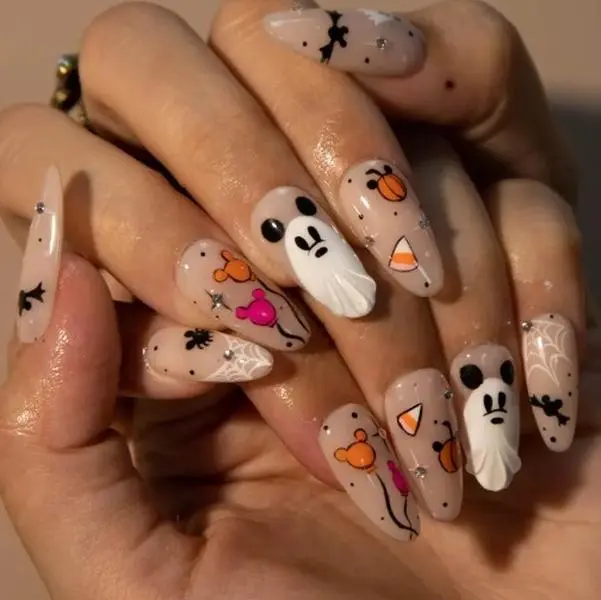 Cute Halloween Ghost Press On Nails Mickey Ears Orange Pumpkin Candy Corn Long Stiletto Fake Nails Spooky Kawaii Y2K Aesthetic Reusable Acrylic False Nails For Women Trendy Party Stick On Manicure Set Full Cover Glue On Nails