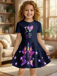 Girls Summer K-POP Idol Print Dress, Kids Purple Star Fantasy Crew Neck Short Sleeve A-Line Dress