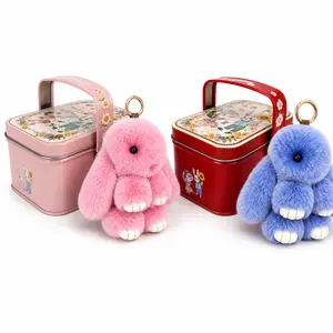 Lulu Plush Bunny Keychain with Matching Tin Box, Cute Rabbit Bag Charm for Purse, Backpack & Keys, Easter Basket Stuffer, Birthday Gift for Women Girls