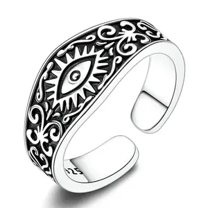 MULA 925 Sterling Silver Evil Eye Ring - Vintage Oxidized All-Seeing Eye Protection Amulet, Adjustable Open Band, Filigree Boho Goth Spiritual Talisman Jewelry Gift for Women (Goth, Antique, Alternative Artistic, Dark Gothic Styles), Goth Rings, Antique R