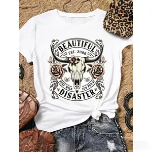 [100% Cotton] Women'S Western Cowboy Graphic T-Shirt - Black Short Sleeve Crew Neck Top With Bull Skull & Floral Design, "" Vintage 2008 Text, Casual Spring/Summer Tee For Outdoor & Casual Attire T-Shirt For Men And Women.