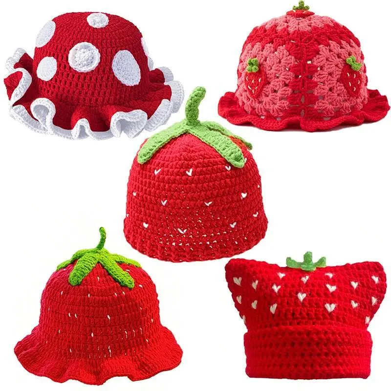Women's Bohemian Ruffled Strawberry-Shaped Fisherman’s Hat - Hand-Crocheted Hollowed-Out Decorative Knit Hat for Driving, Ootd, Ruffles, Female, Driving Wear, Ruffled Edge