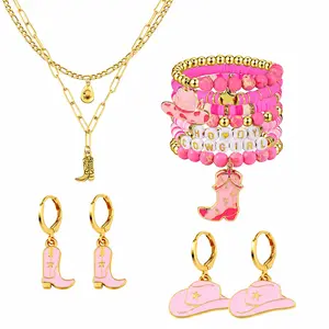 13Pcs Western Jewelry Cowgirl Outfits for Women Bohemian Set Pink Cowgirl Beaded Bracelets Hat Boot Accessories Earrings Pendant Long Choker Necklace Western Gifts for Women