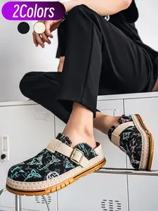 Retro Jacquard Closed Toe Slides, Breathable Inner Lining, Adjustable Buckle, Versatile Daily Casual Footwear