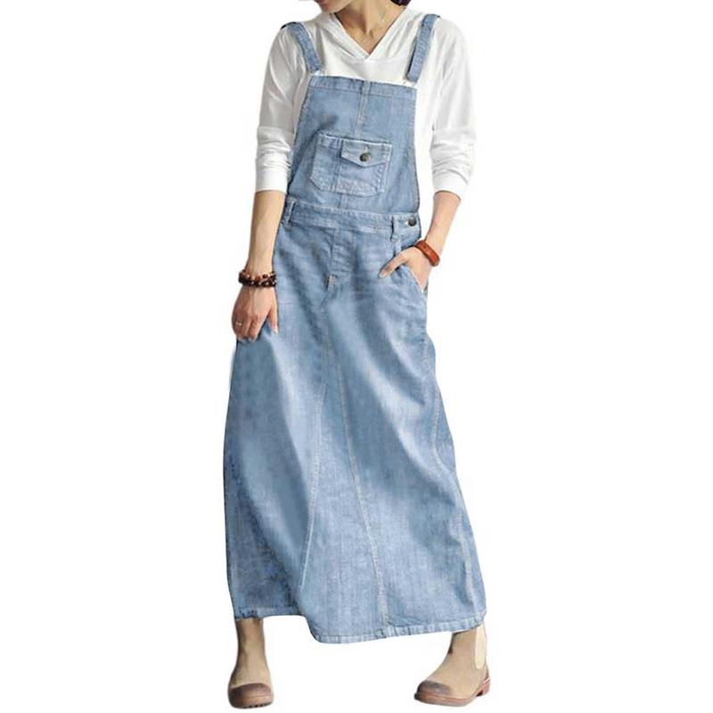 Chouyatou Women's Vintage Adjustable Strap Denim Overall Dress Distressed A-Line Pinafore Bib Jean Dress