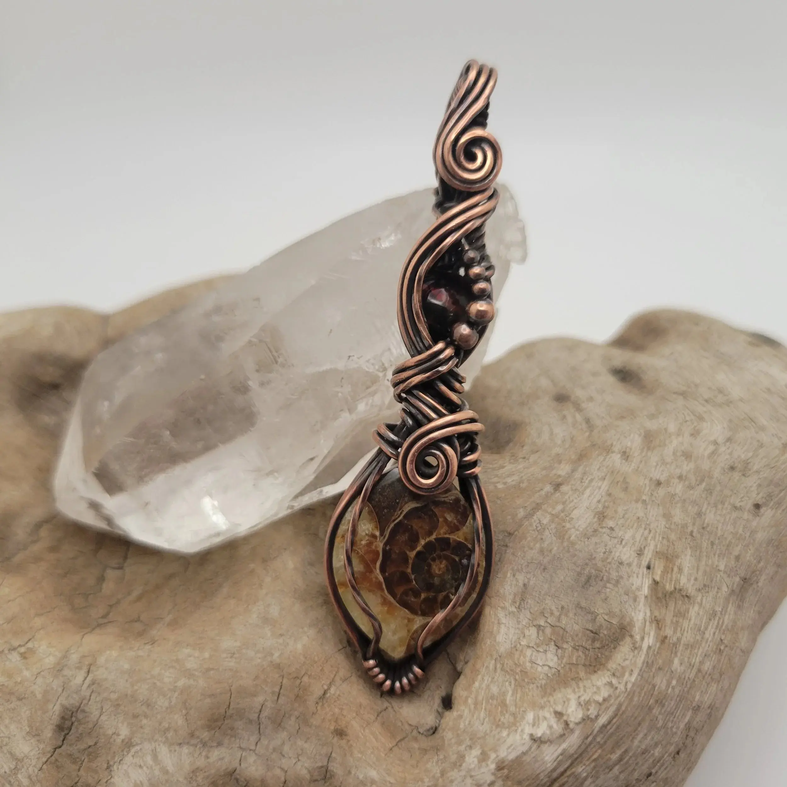 Handcrafted Ammonite and Black Opal Copper Pendant Necklace