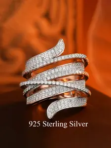 Women's 925 Silver Statement Ring, Elegant Multi-Row Cross-Woven Design, Full Inlay 5a Cubic Zirconia, Daily Wear, Party, Valentine's Gift