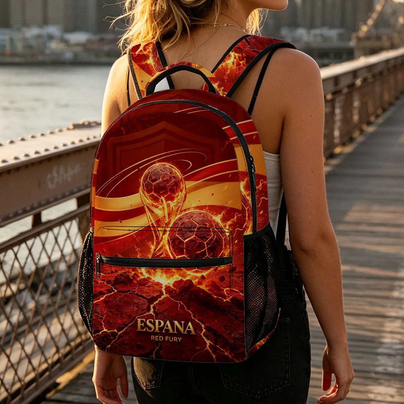 Backpack, 17 Inch Backpack, Espana Red Fury Soccer Pattern, 3D Design Lightweight Commuter Bag, For Students And Sports Fans,