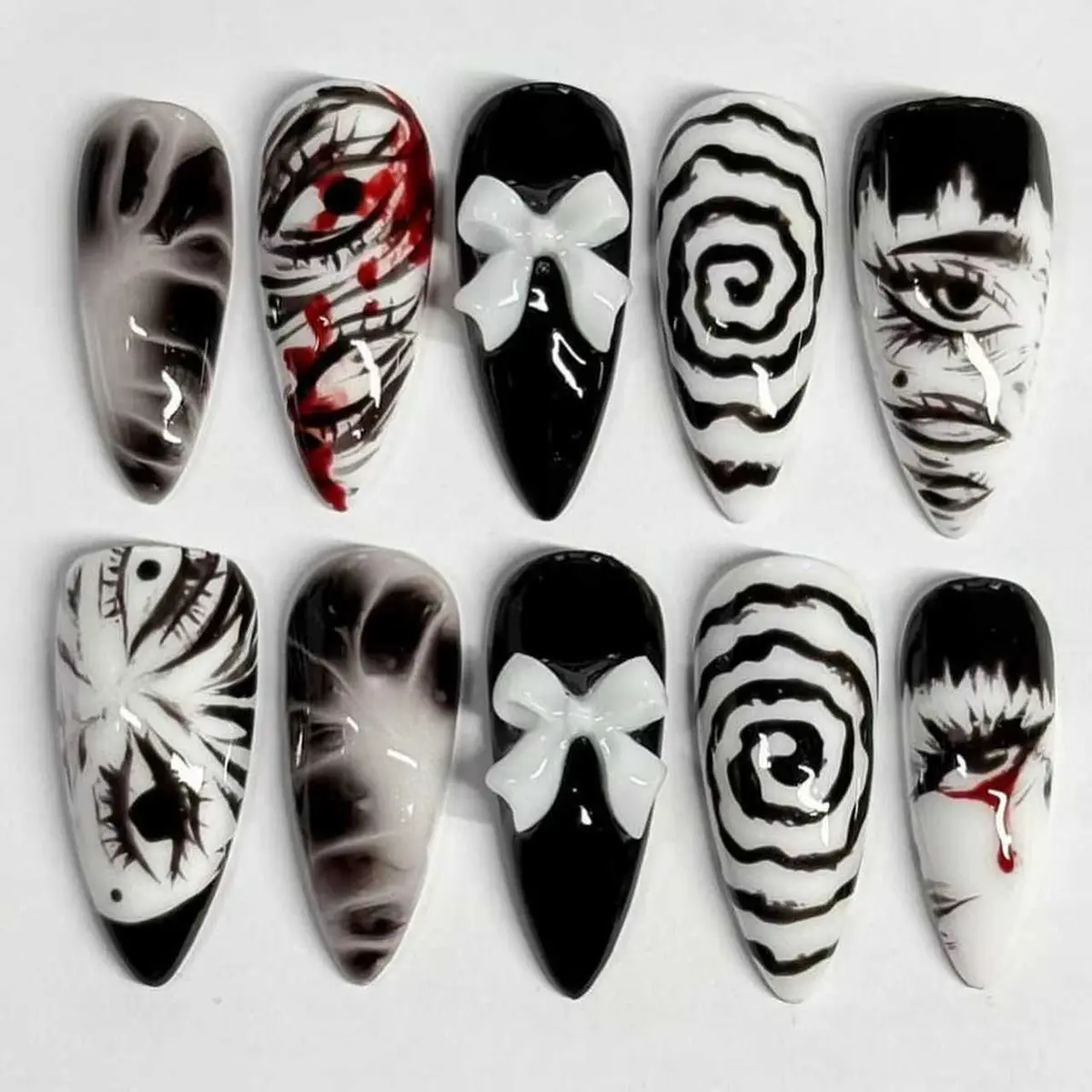Gothic Horror Press-On Nails, Almond Shape Fake Nails with Anime Eye & Spiral Design, Glossy Full Cover False Nails for Women & Girls