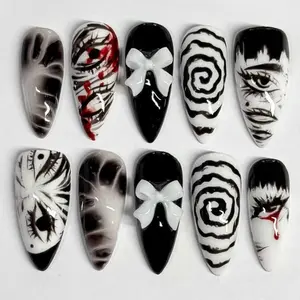 Gothic Horror Press-On Nails, Almond Shape Fake Nails with Anime Eye & Spiral Design, Glossy Full Cover False Nails for Women & Girls