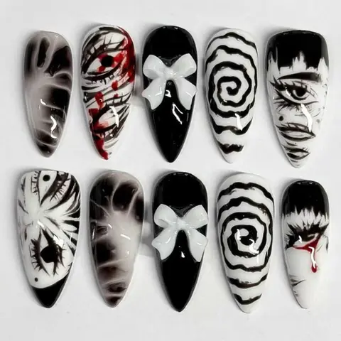 Gothic Horror Press-On Nails, Almond Shape Fake Nails with Anime Eye & Spiral Design, Glossy Full Cover False Nails for Women & Girls, Nail Art Products