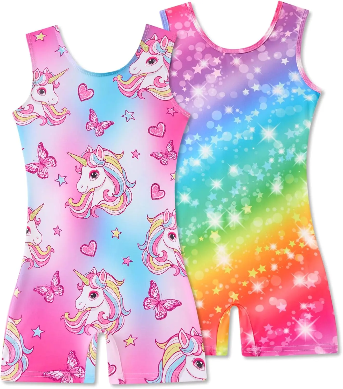 2 Packs Gymnastics Leotards for Girls Toddler Dance Biketards Tumbling Outfit Rainbow Biketard with Shorts