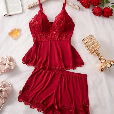 Lace Pajamas for Women Set Pajama Short Set Cami&Shorts V Neck Night Lingerie Sleepwear Casual