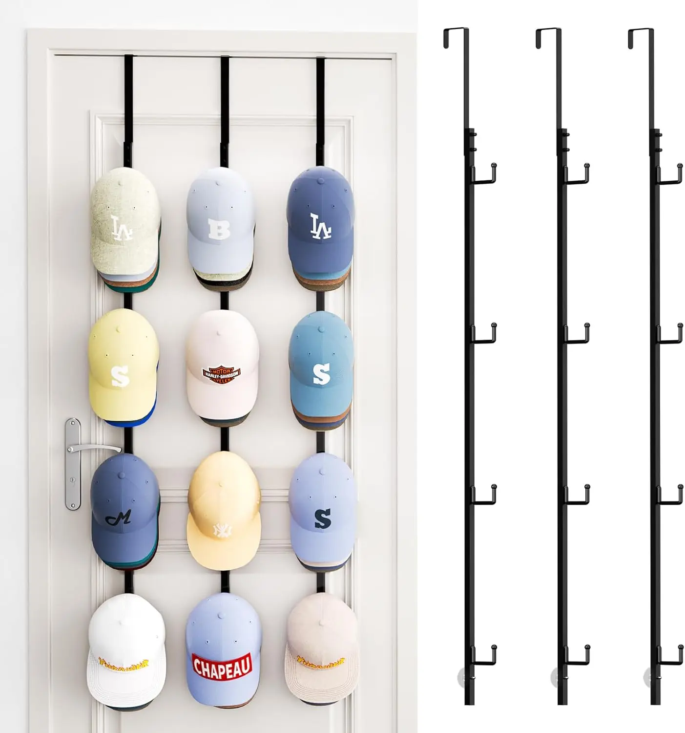 Over Door Hat Rack - 3 Packs Metal Hanging Hat Organizer with 12 Hooks Design, Baseball Cap Hanger Organizer Storage Holds up to 60 Caps for Door, Bedroom, Closet